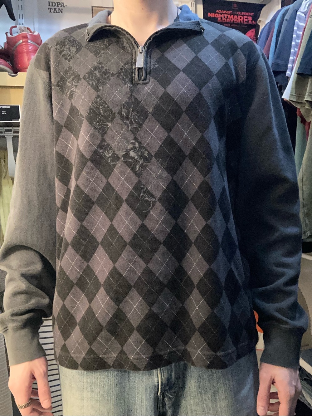 Men's Charcoal and Gray Argyle Quarter-Zip Sweater